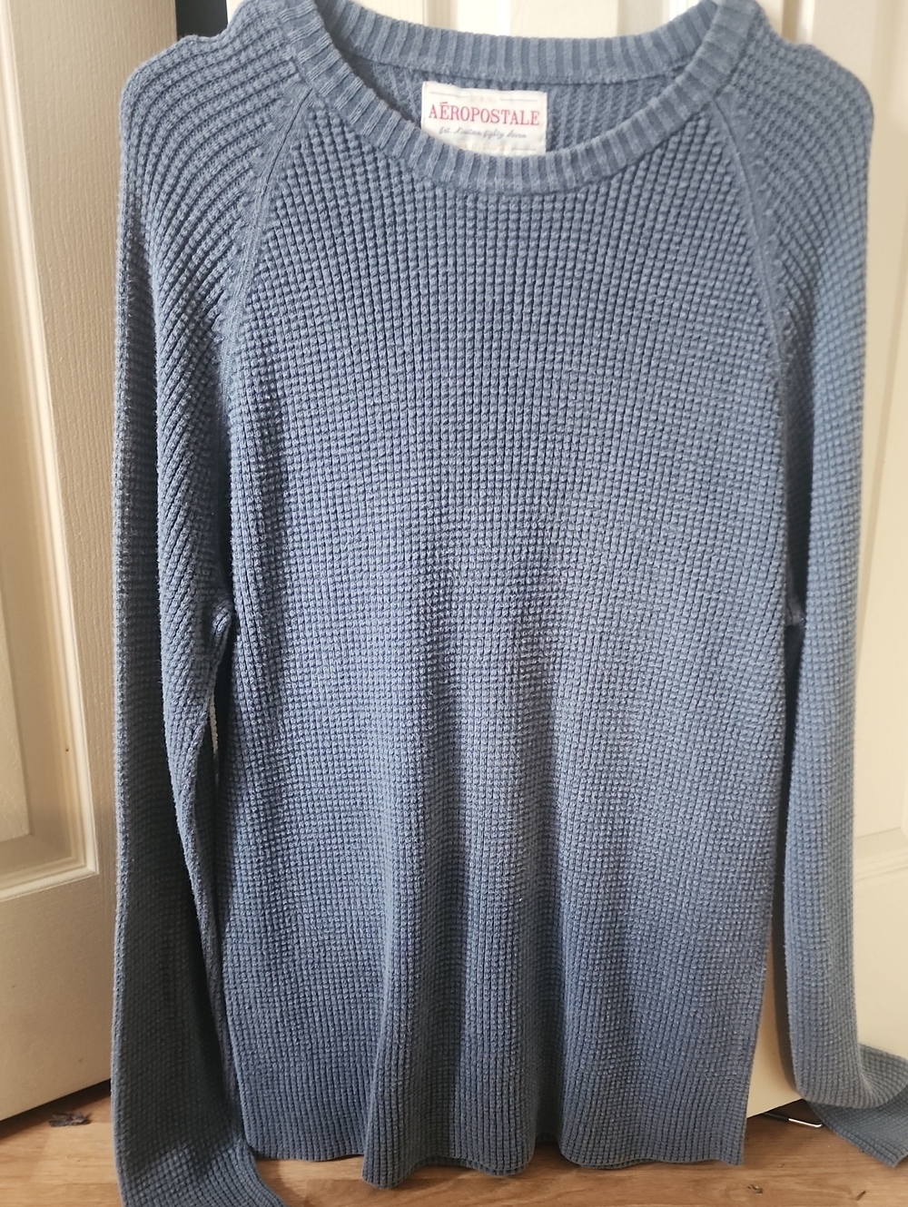 Aeropostale Men's Light Blue Waffle-Knit Crewneck Sweater